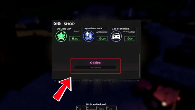 Nhập mã Giftcode Dig vào ô Type Code Here và bấm Enter