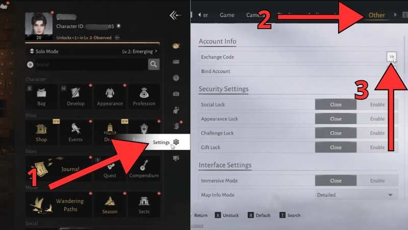 Mở mục Settings (Cài đặt) và chọn vào mục Other, hãy tìm vào mục Exchange Code và nhấn chọn