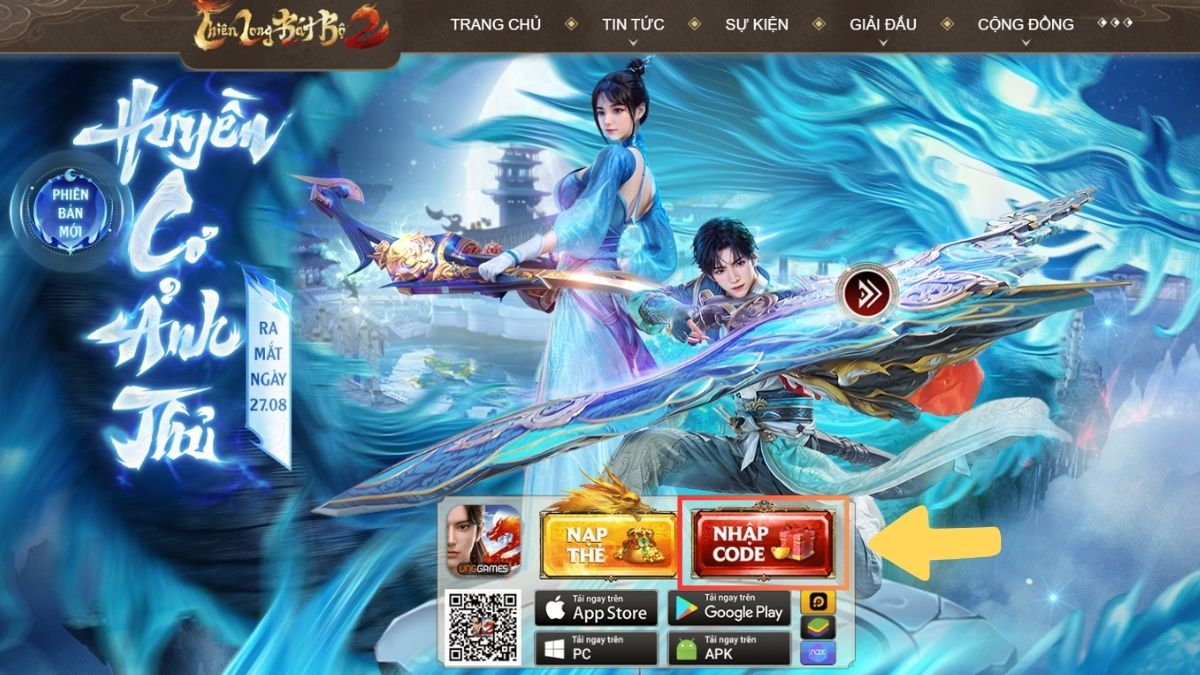Đăng nhập vào game Thiên Long Bát Bộ, hãy tìm và chọn vào mục Nhập Code nằm ở góc màn hình