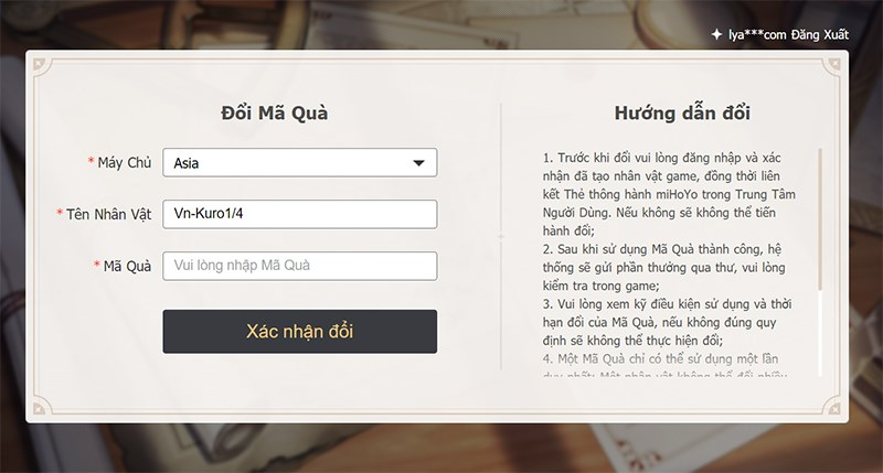Nhập đầy đủ thông tin server và nhân vật. Sau đó nhập code Genshin Impact và bấm Xác nhận đổi