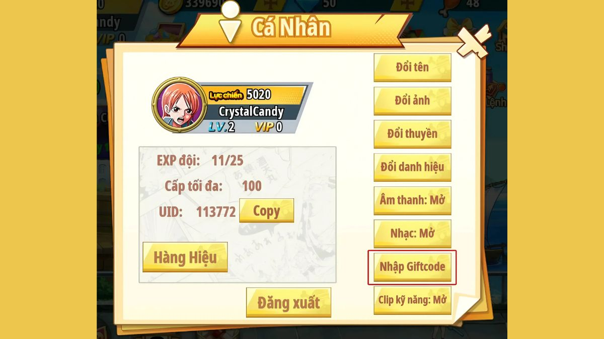 Hãy nhấn vào mục Giftcode nằm trong danh sách mục Cá Nhân