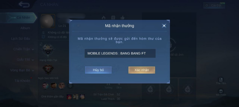 Nhập mã Giftcode Mobile Legends: Bang Bang và nhấn Xác nhận