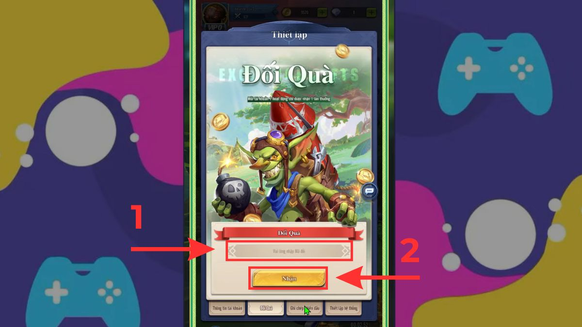 Nhập mã Giftcode War 3 Arena vào ô trống và bấm nút Nhận