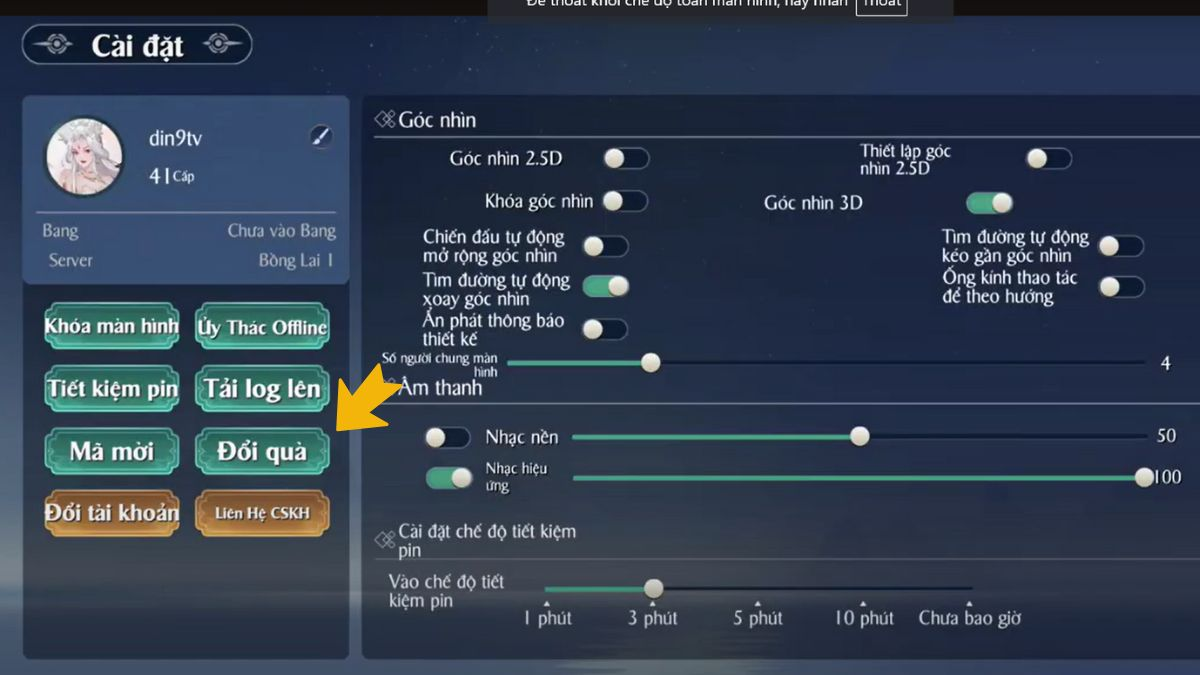 Truy cập mục Đổi quà nằm trong danh mục Cài đặt