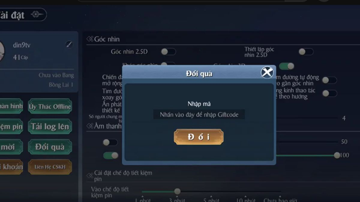 Nhập mã Giftcode Thanh Vân Quan 4D và hãy bấm Đổi