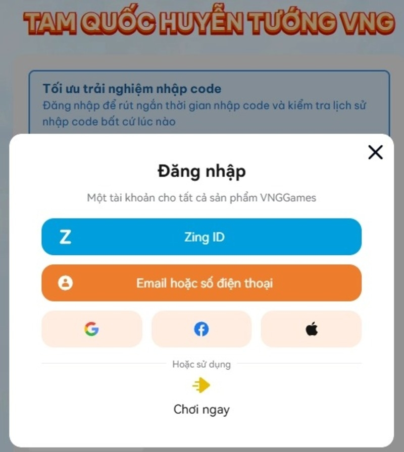 Đăng nhập vào website VNG và đăng nhập bằng Zing ID, Email, Google, Facebook hoặc ID Apple.