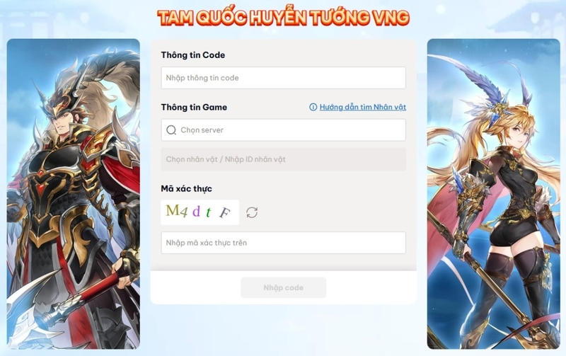 Nhập mã Giftcode Tam Quốc Huyễn Tướng VNG, chọn server, nhập Mã xác thực và bấm Nhập code