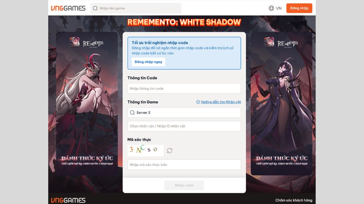 Nhập mã Giftcode Rememento: White Shadow, chọn máy chủ và server, nhập Mã xác thực và bấm Nhập code