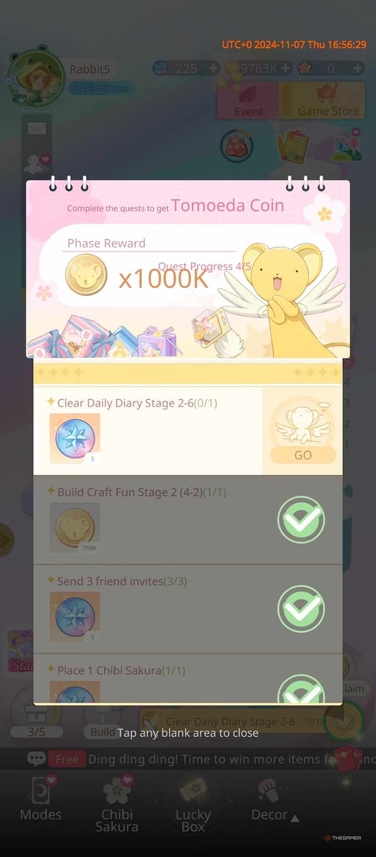Người chơi hoàn thành các nhiệm vụ trong Cardcaptor Sakura: Memory Key để có thể nhận phiếu và coins