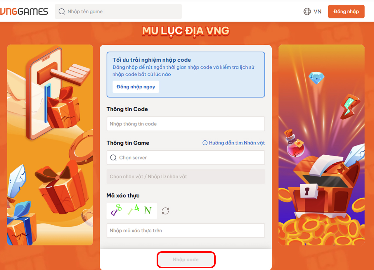 Nhập đẩy đủ thông tin Code MU Lục Địa VNG, thông tin Game và mã xác thực sau đó nhấn Nhập code