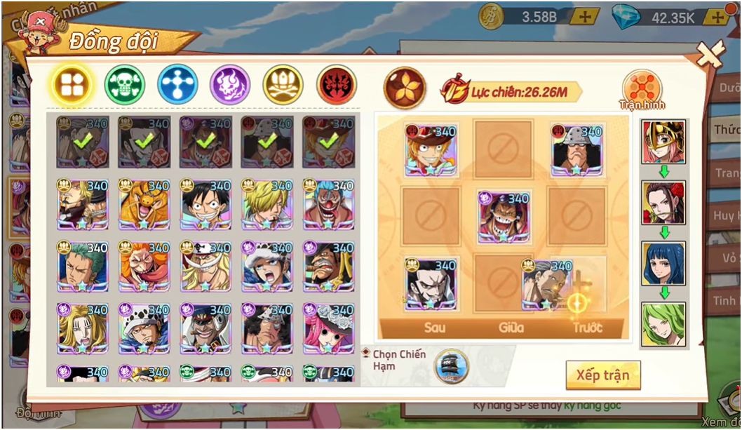 Giao diện sắp xếp đội hình game Kho Báu Truyền Thuyết với dàn tướng SSS và lực chiến hơn 26 triệu