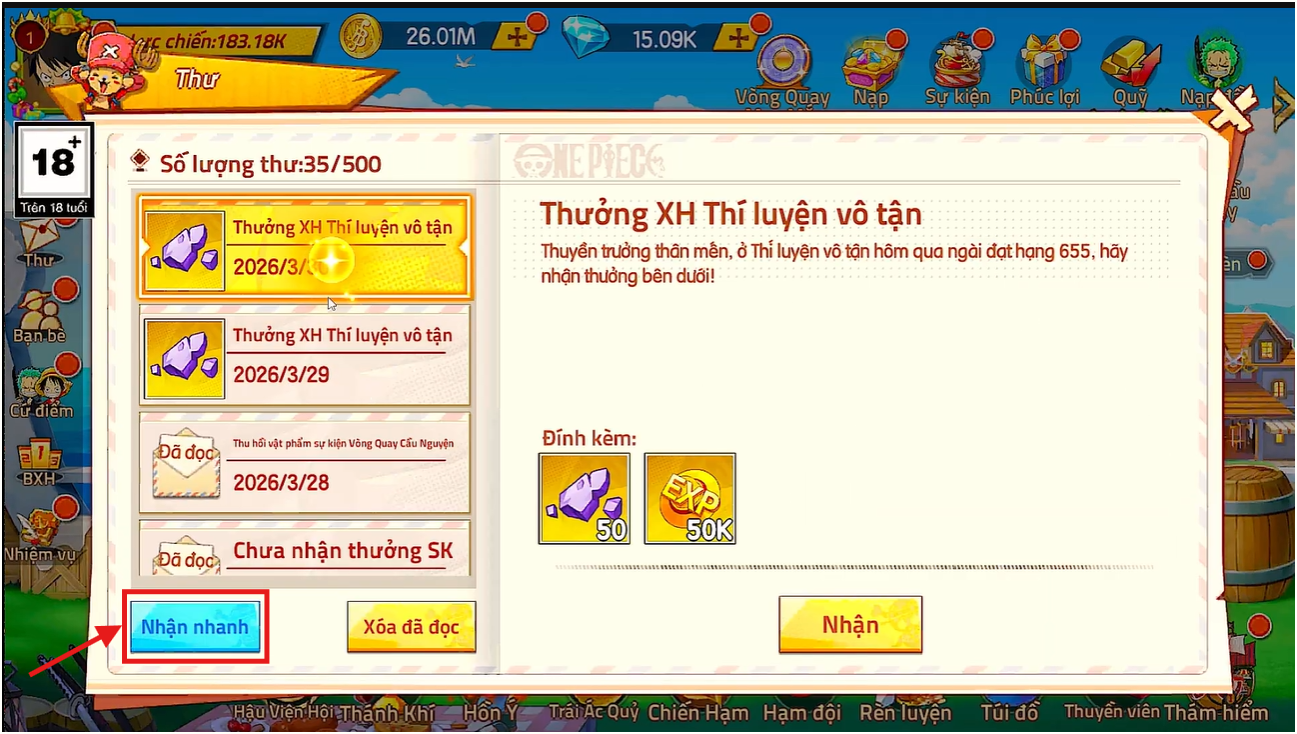 Chọn vào mục Nhận nhanh để nhận tất cả các phần thưởng