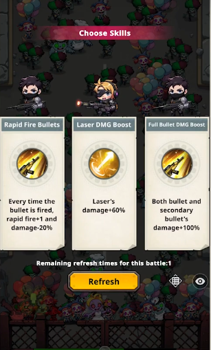 Bảng Choose Skills với 3 lựa chọn: Rapid Fire Bullets, Laser DMG Boost và Full Bullet DMG Boost trong BangBang Zombie Shelter Wars