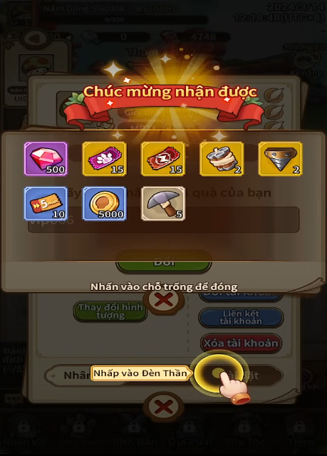 Màn hình sẽ hiện thông báo Chúc mừng nhận được các phần thưởng