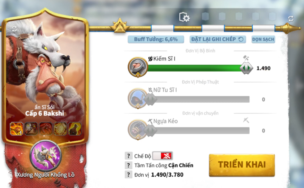 Giao diện triển khai quân đội trong Call of Dragons: Tướng Bakshi dẫn dắt đội hình Kiếm Sĩ và đơn vị vận chuyển.