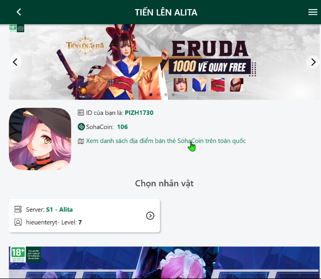 Chọn vào mục Chọn nhân vật và chọn server và tên nhân vật