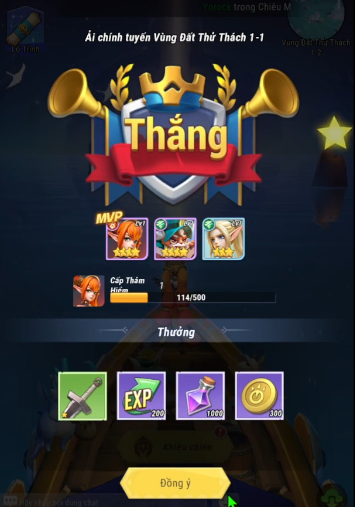 Giao diện chiến thắng Ải chính tuyến 1-1 Vùng Đất Thử Thách trong game Tiến Lên Alita kèm danh sách vật phẩm thưởng