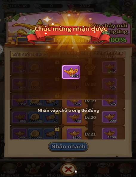 Màn hình sẽ hiển thị Chúc mừng nhận được phần thưởng
