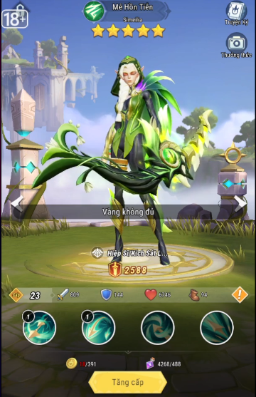 Giao diện nâng cấp tướng 5 sao Amelia hệ Mộc trong game Tiến Lên Alita với các chỉ số tấn công, phòng thủ và kỹ năng chiến đấu