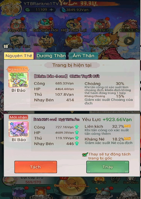 Giao diện so sánh trang bị Bí Bảo trong game Tiểu Yêu Tầm Đạo giữa Chân Bảo 4 sao và Linh Khí 1 sao.