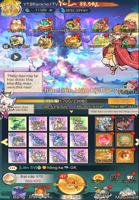 Cận cảnh trang bị Bí Bảo và chỉ số nhân vật cảnh giới Chân Tiên game Tiểu Yêu Tầm Đạo.