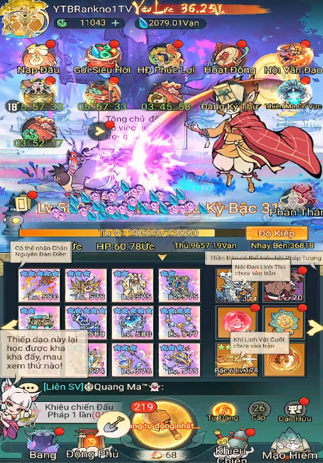 Giao diện nhân vật cấp cao trong game Tiểu Yêu Tầm Đạo với bộ trang bị Bí Bảo bậc Linh Khí và tính năng Độ Kiếp tu vi.