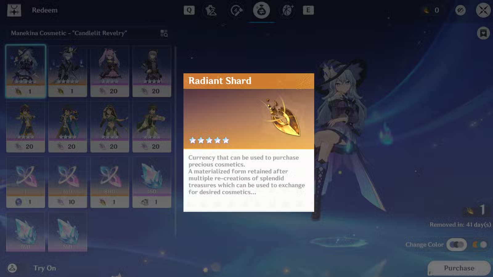 Tiền tệ Radiant Shard chỉ được nhận khi game thủ có cosmetic 5 sao