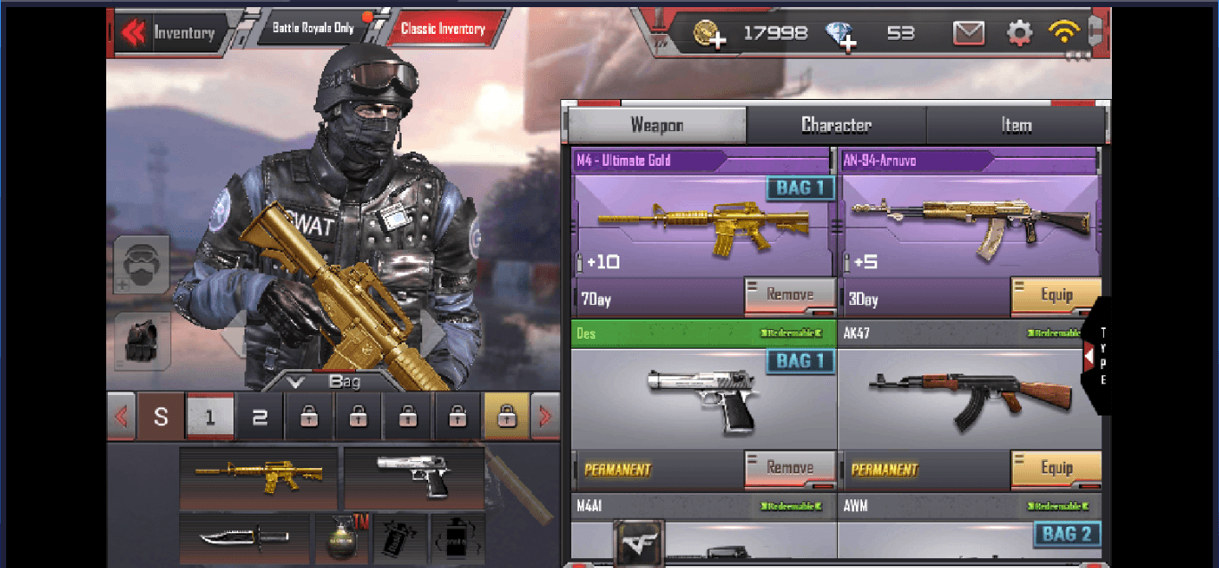 Khi tham gia, game thủ cần trang bị đủ bao gồm 2 vũ khí tầm xa, 1 vũ khí cận chiến và 3 vật phẩm ném