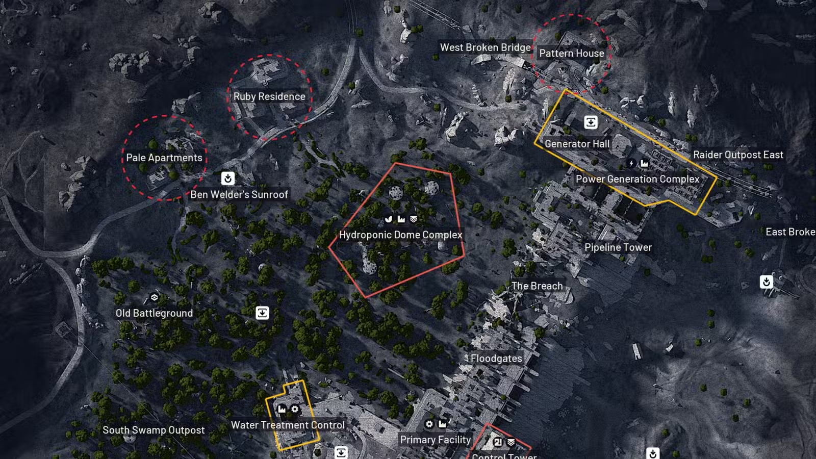 Khi đến Dam Battlegrounds, game thủ nên kiểm tra Pale Apartments, Ruby Residence và Pattern House
