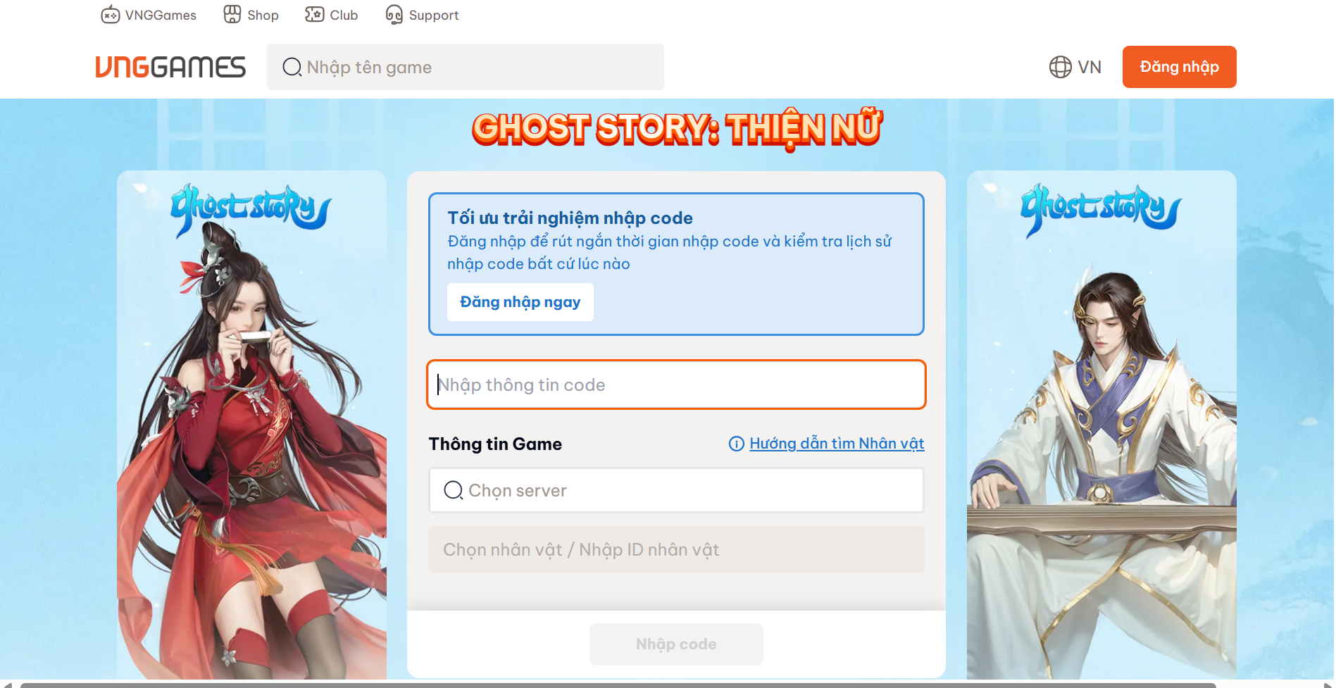 Đăng nhập tài khoản game, nhận code Ghost Story: Thiện Nữ và bấm Nhận code