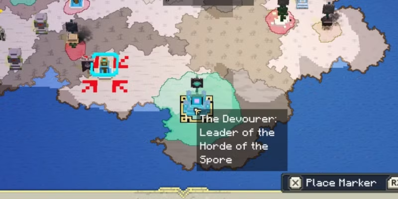 Bản đồ hiển thị khu vực màu xanh nơi boss Devourer xuất hiện