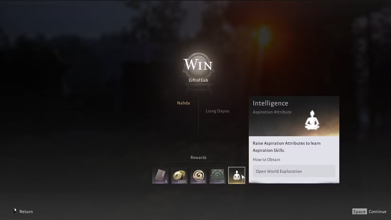 Sau khi thắng game Gift of Gabe người chơi sẽ nhận được các phần thưởng gồm Echo Jade, chỉ số Intelligence và 100 điểm thiện cảm từ NPC