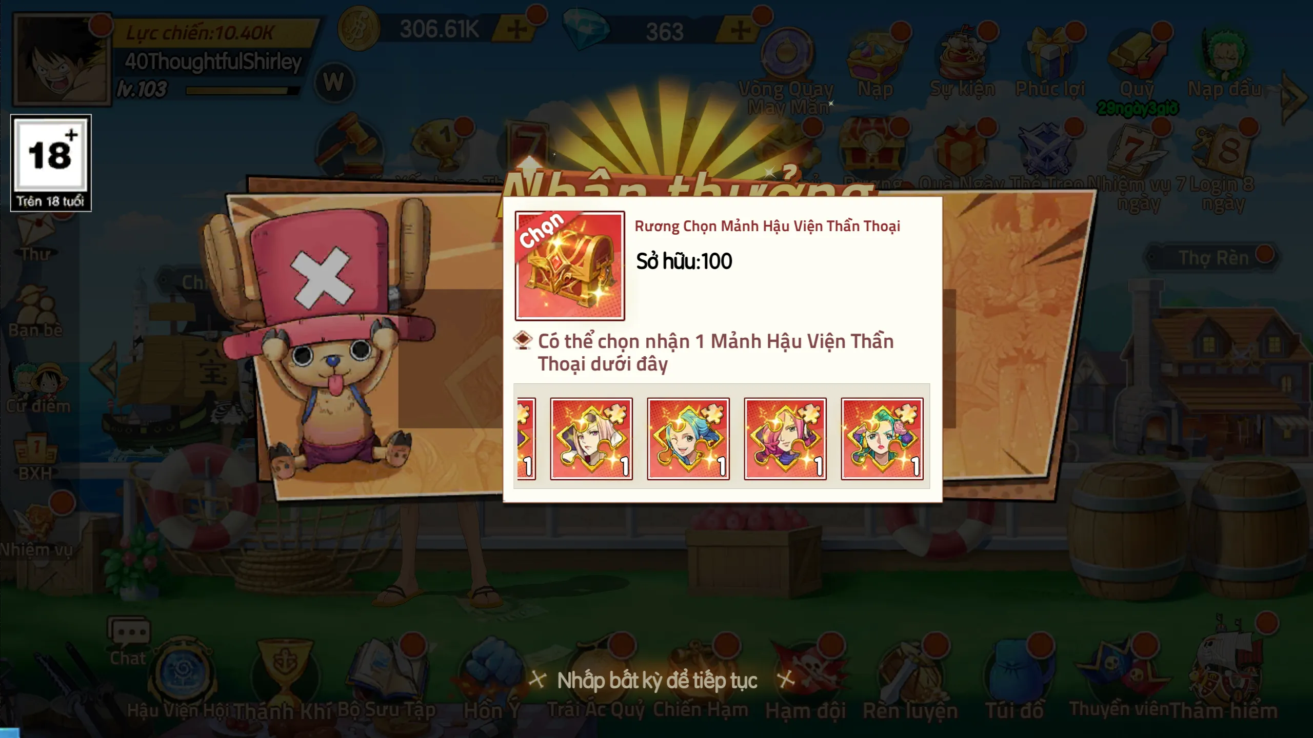 Màn hình sẽ hiển thị các vật phẩm
