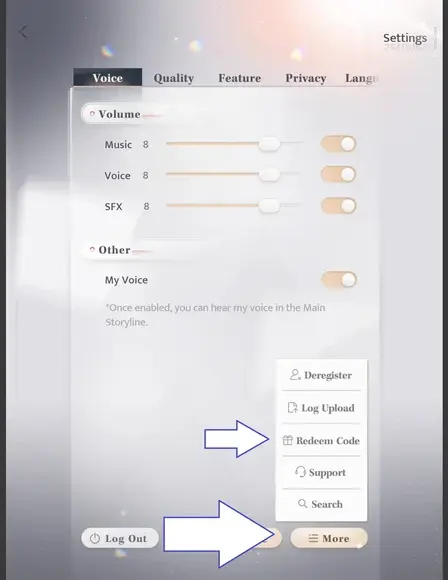 Chọn vào More, tiếp tục chọn Redeem Code để mở giao diện nhập mã