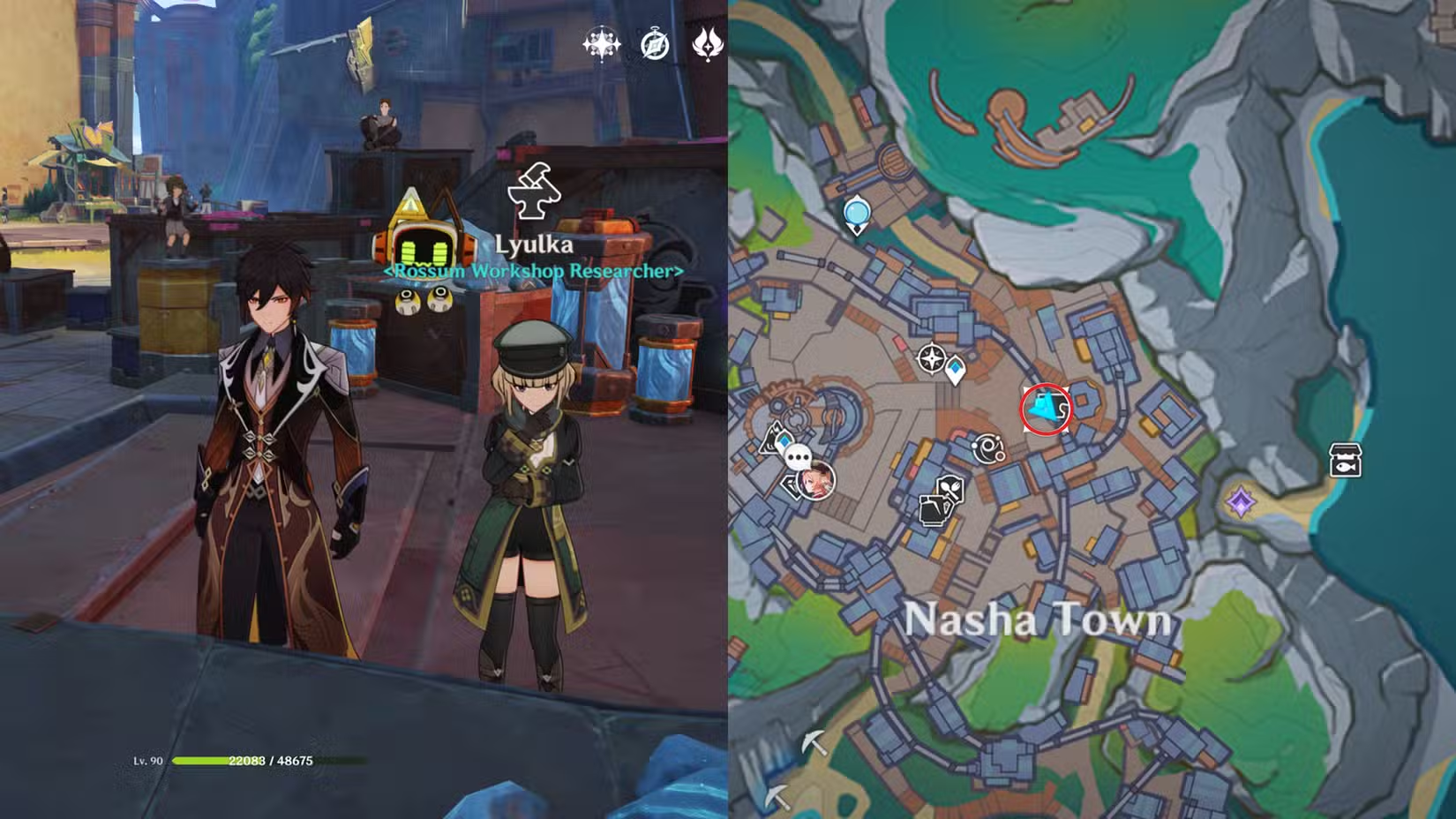 Game thủ di chuyển đến Nasha Town và đến Rossum Workshop