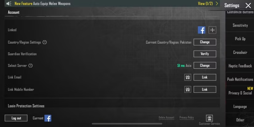 Game thủ vào “Settings” rồi vào mục Account để chọn “Select Server”