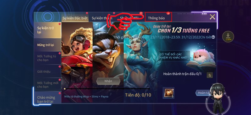 Khi cửa sổ giao diện Sự kiện được mở ra, chọn vào mục Thông báo