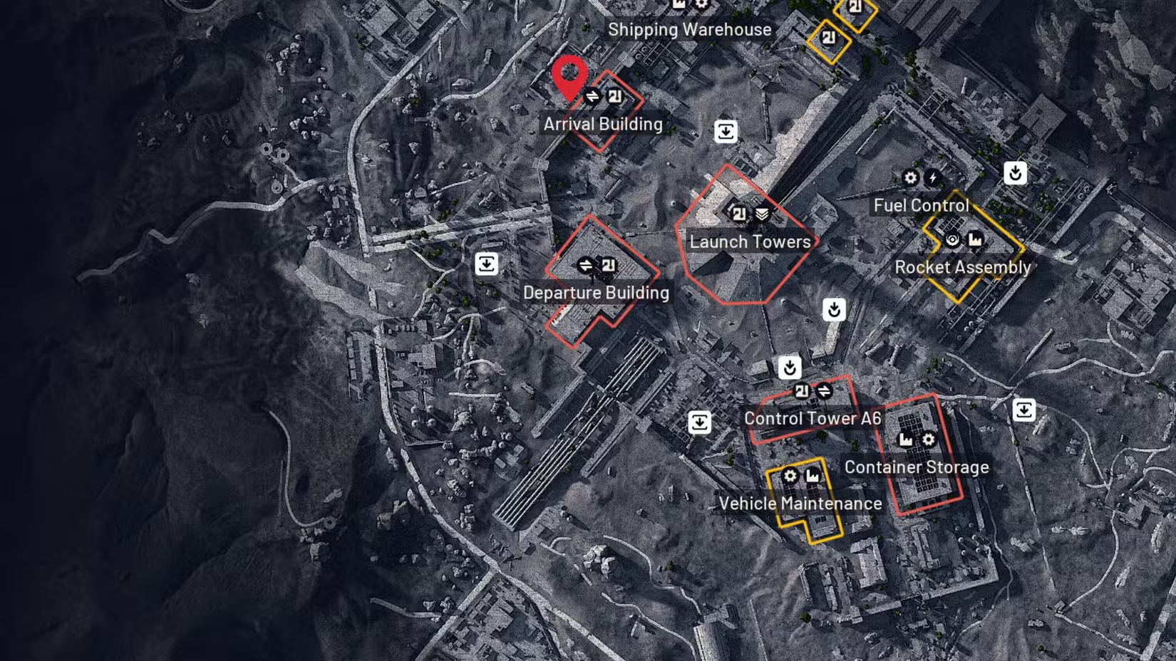 Khu vực Arrival Building trong ARC Raiders từ vệ tinh nhìn xuống