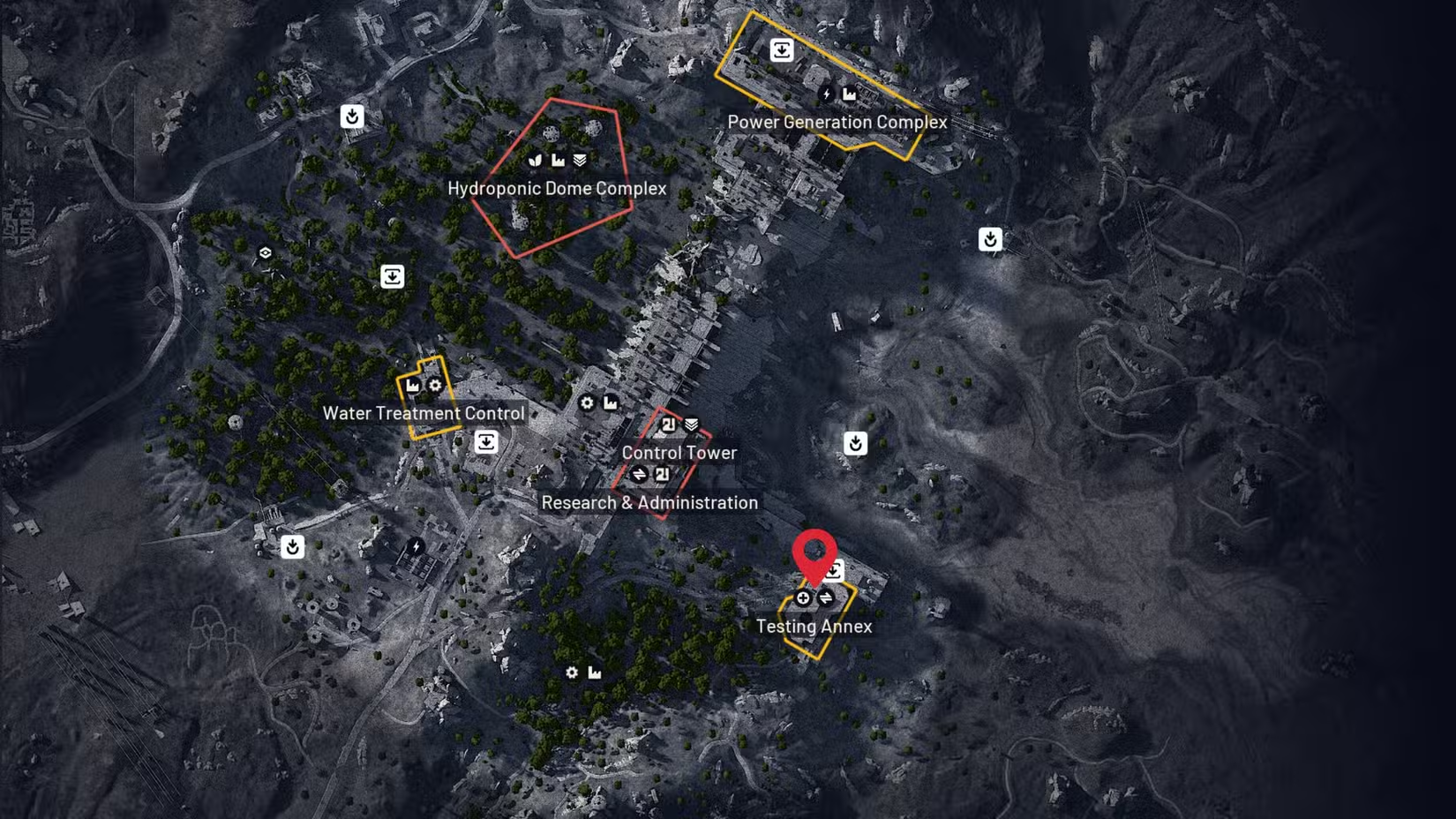 Bản đồ Dam Battlegrounds với địa điểm tìm lý tưởng là tòa nhà Testing Annex