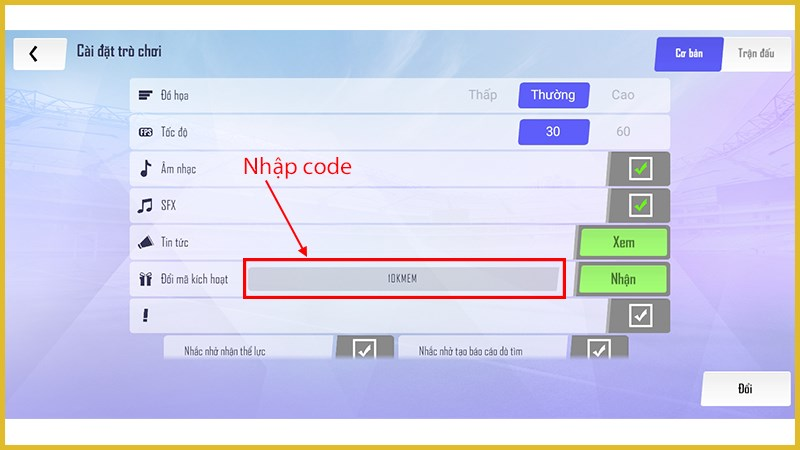 Hãy nhập giftcode Football Pro VTC và bấm Nhận