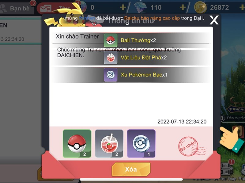 Chọn vào biểu tượng thư, chọn thư và nhấn nhận nhanh để nhận tất cả các phần thưởng
