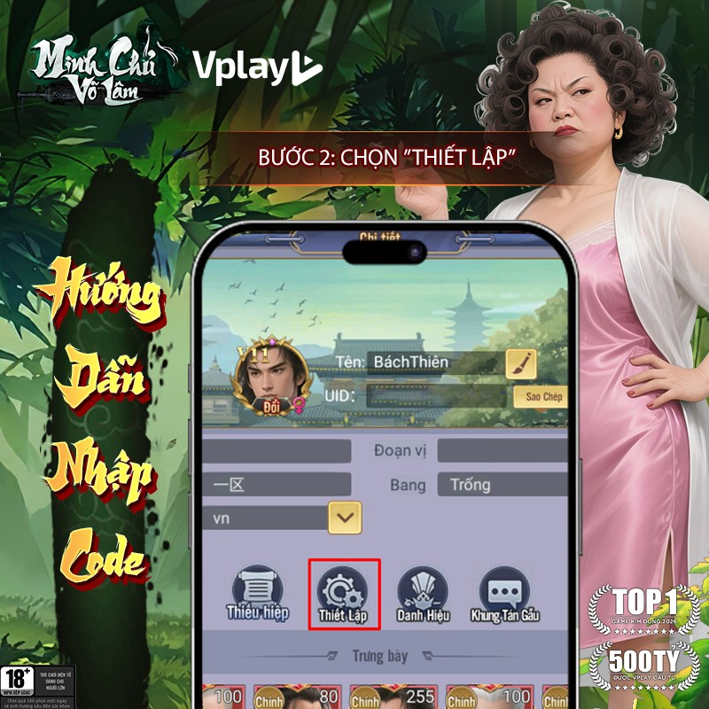 Chọn vào mục Thiết Lập ở chính giữa giao diện