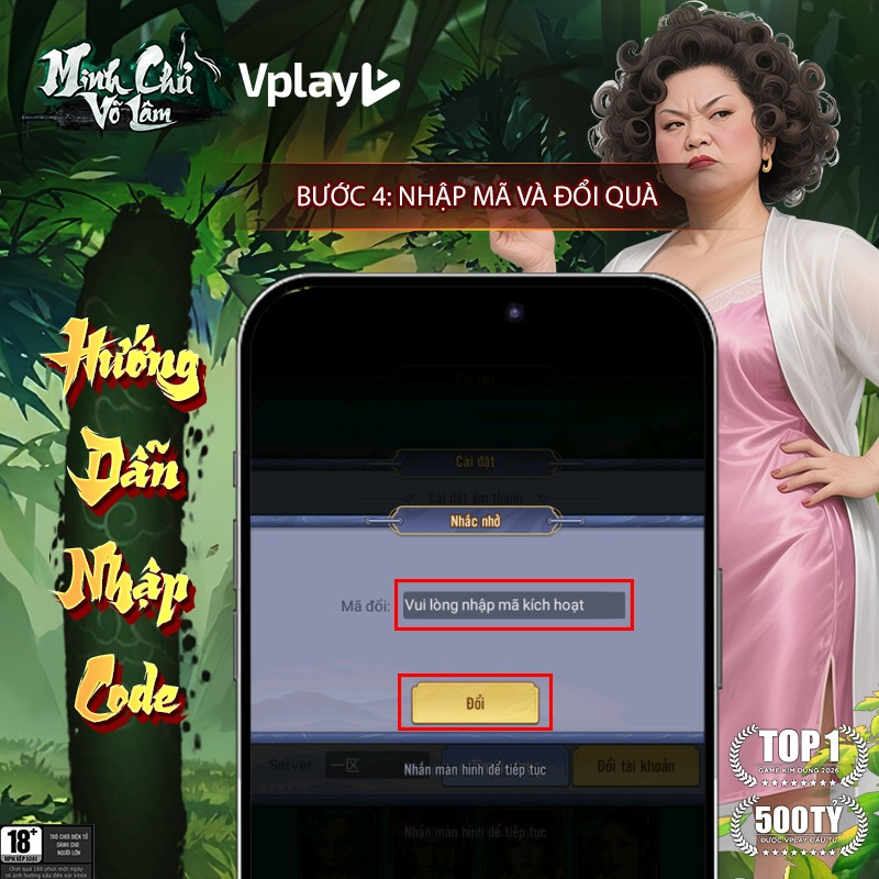 Nhập mã code Minh Chủ Võ Lâm vào ô mã đổi và chọn Đổi