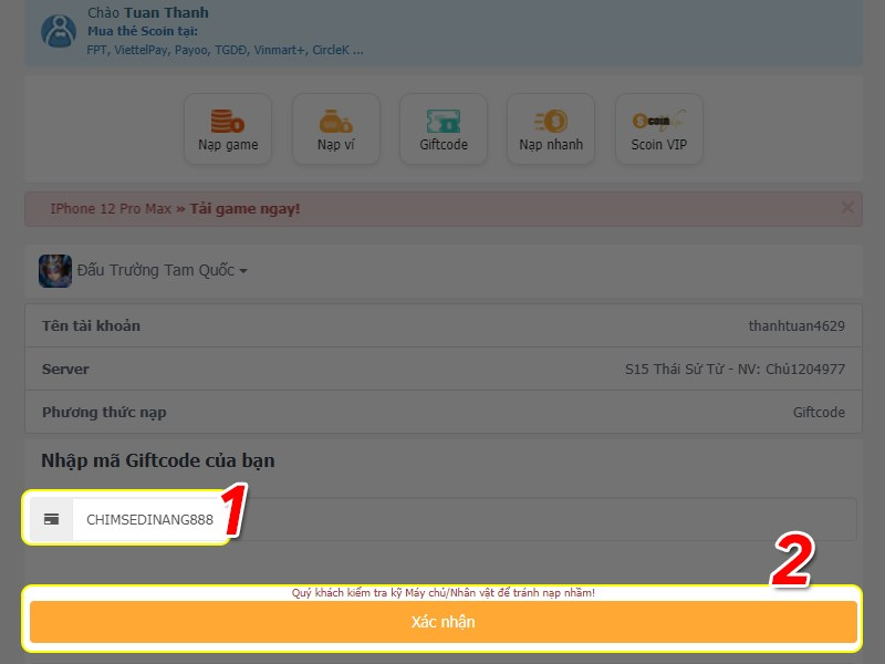 Nhập mã Giftcode Đấu Trường Tam Quốc và nhấn Xác nhận