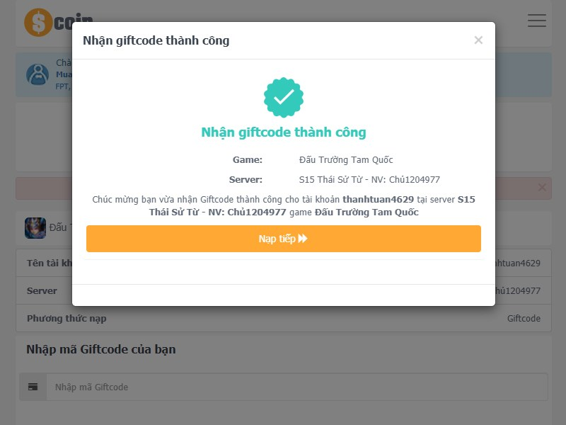 Màn hình sẽ hiện thông báo Nhận giftcode thành công