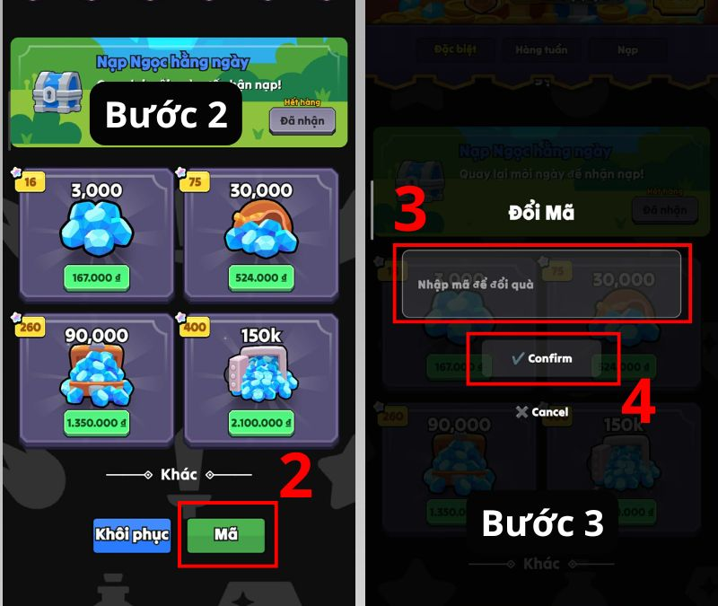 Truy cập mục Mã và nhập mã Giftcode Idle Horizons. Sau đó bấm Confirm