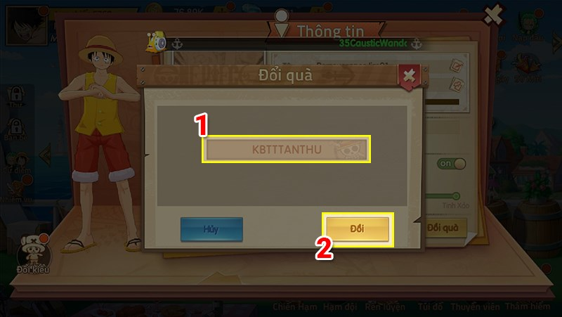 Nhập mã Giftcode Kho Báu Truyền Thuyết vào ô trống và bấm Đổi