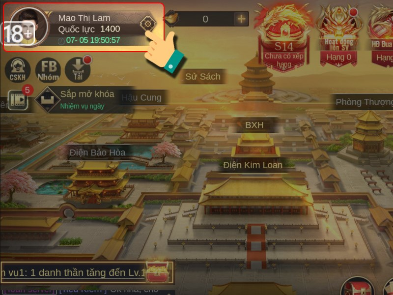 Nhấn vào Avatar nhân vật ở góc trái màn hình