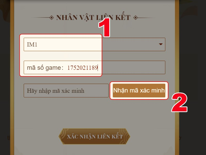 Điền mã số game vào ô trống và nhấn Nhận mã xác minh