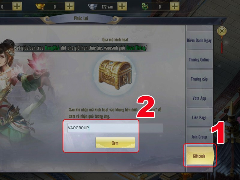 Truy cập vào mục Giftcode và nhập mã Giftcode Giang Hồ Hiệp Ảnh VTC vào ô trống. Sau đó bấm Xem